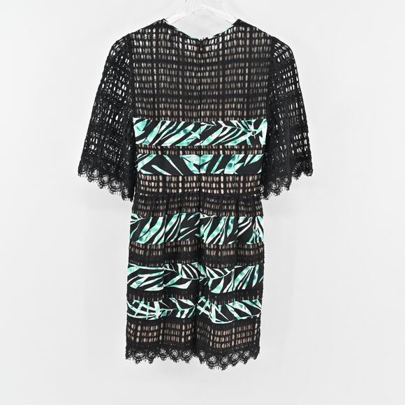 BCBGMAXAZRIA‎ Dress Sz 4 Layna Palms Print Black Teal Lace Trim Half Sleeve Mini - Picture 5 of 13